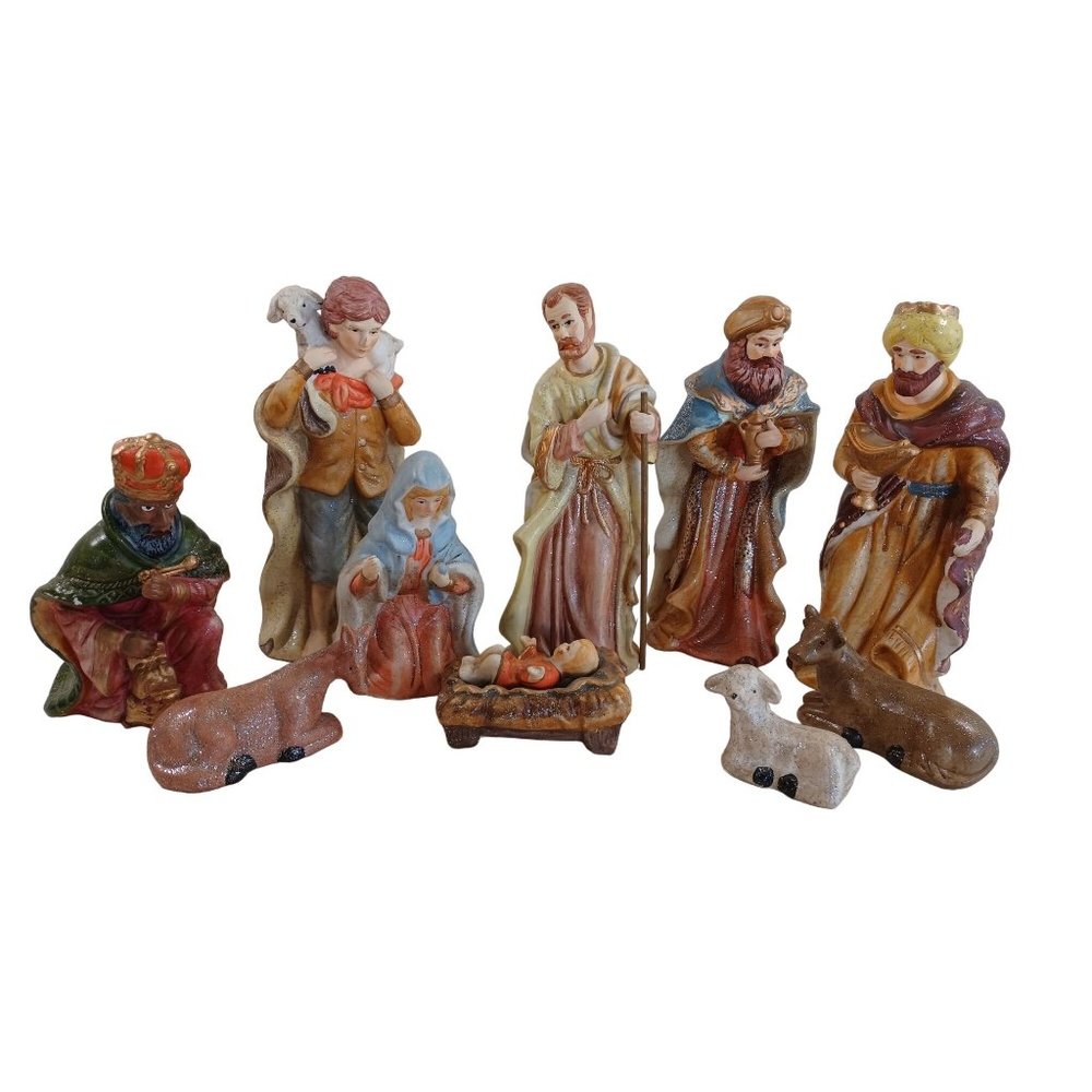 Vintage 11 Piece Ceramic Nativity Figure Set 2" to 8" Hand Painted Christmas